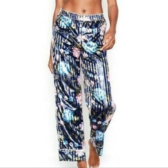 Victoria’s Secret LUXE Floral Stripe Velvet Pajama pants blue multicolor Large - Picture 1 of 9